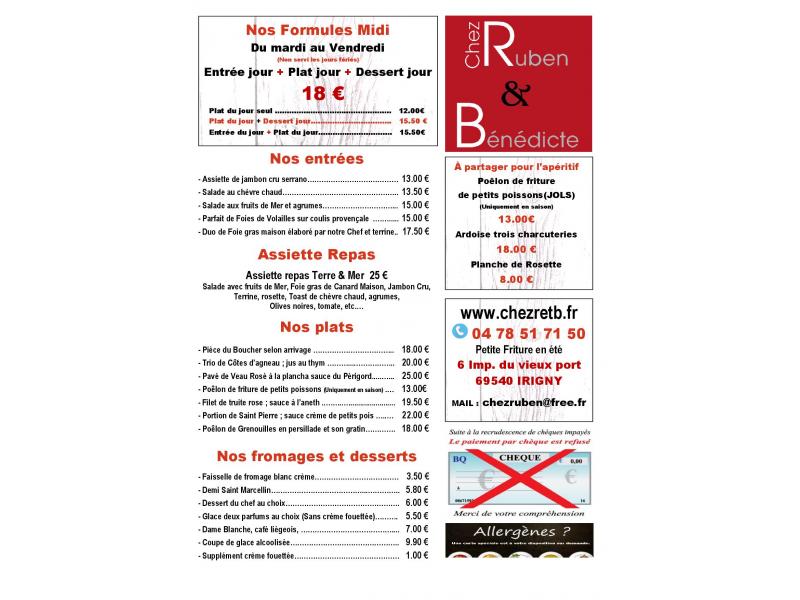 Carte des Entrées, Plats et Desserts