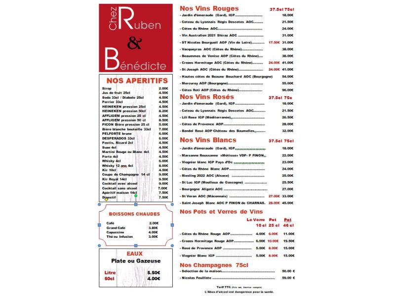Carte des boissons
