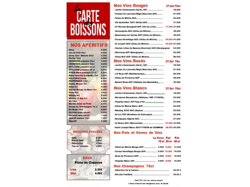 CARTE DES BOISSONS A PARTIR DE JUILLET 25