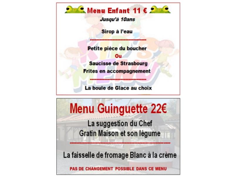 Menu Enfant; Menu Guinguette à PARTIR DU 29 OCTOBRE 2025