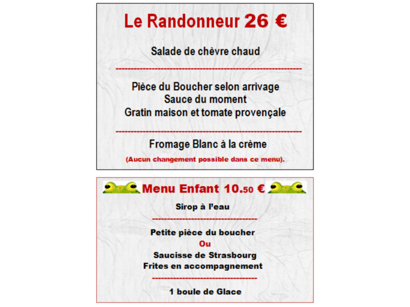 Menu Enfant; Menu du Randonneur