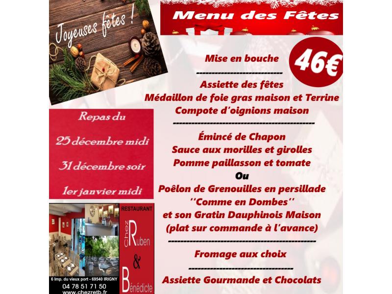 Menu Fêtes du 25 décembre midi, 31 décembre soir et 1er janvier midi
