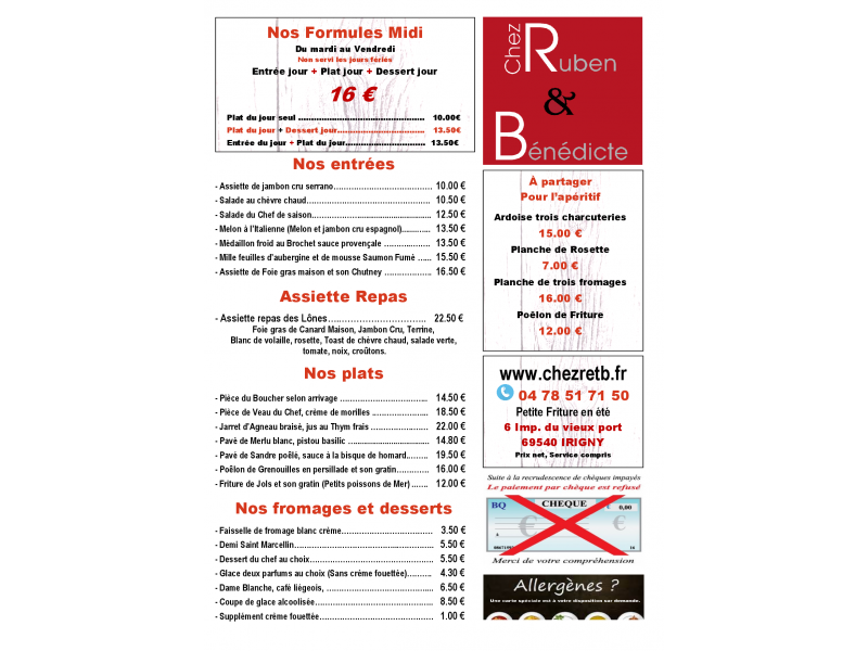 Chez Ruben & Bénédicte, liste des menus