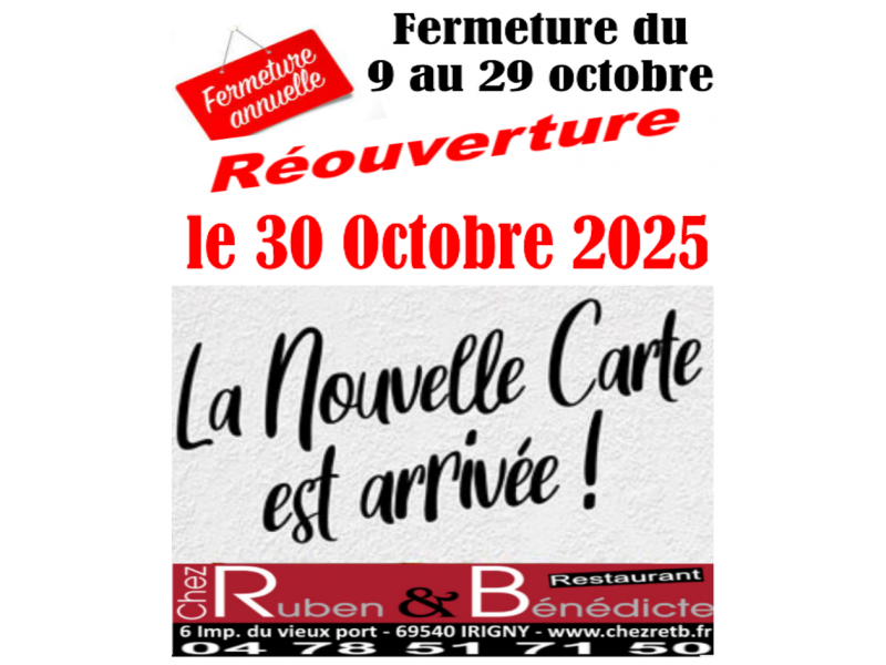 FERMETURE DU 9 AU 29 OCTOBRE 2025