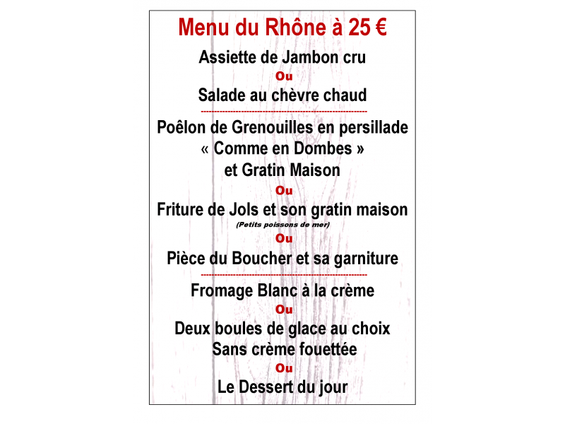 Chez Ruben & Bénédicte, liste des menus