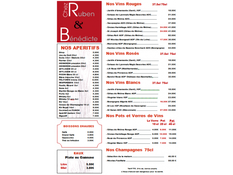Carte des boissons