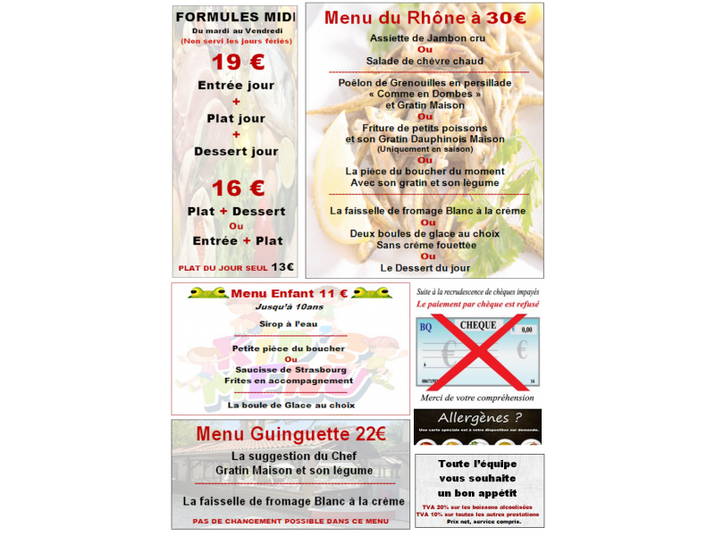 FORMULES MIDI SEMAINE, MENU ENFANT 11€, MENU FRITURES ET GRENOUILLES 30€