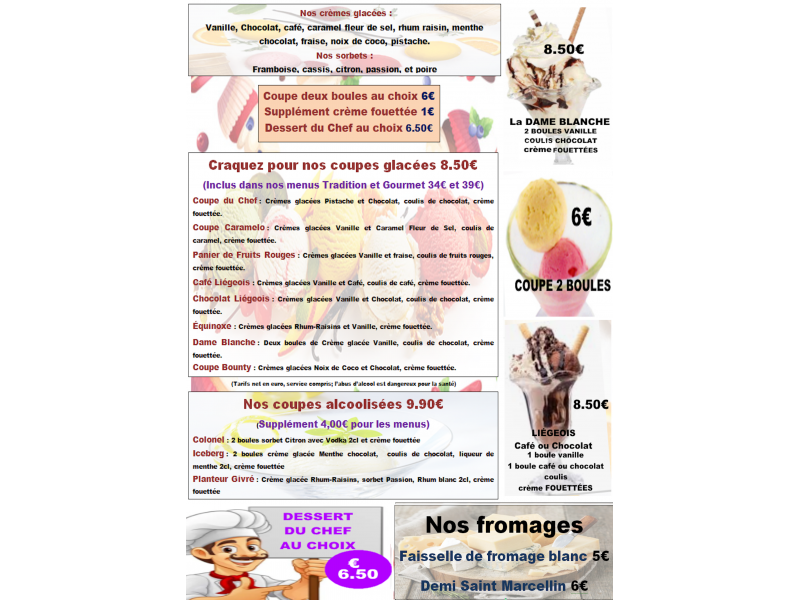CARTE DES GLACES FROMAGES ET DESSERTS