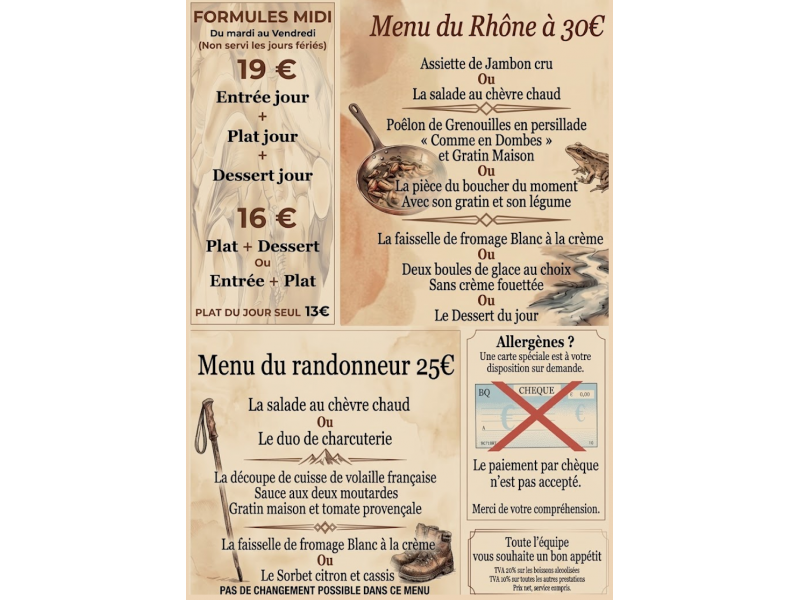 FORMULES MIDI SEMAINE,  MENU FRITURES ET GRENOUILLES, MENU RANDONNEUR