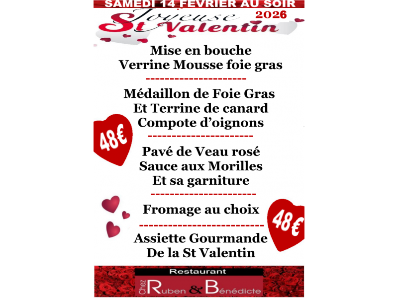Menu SAINT VALENTIN LE 14 FÉVRIER AU SOIR